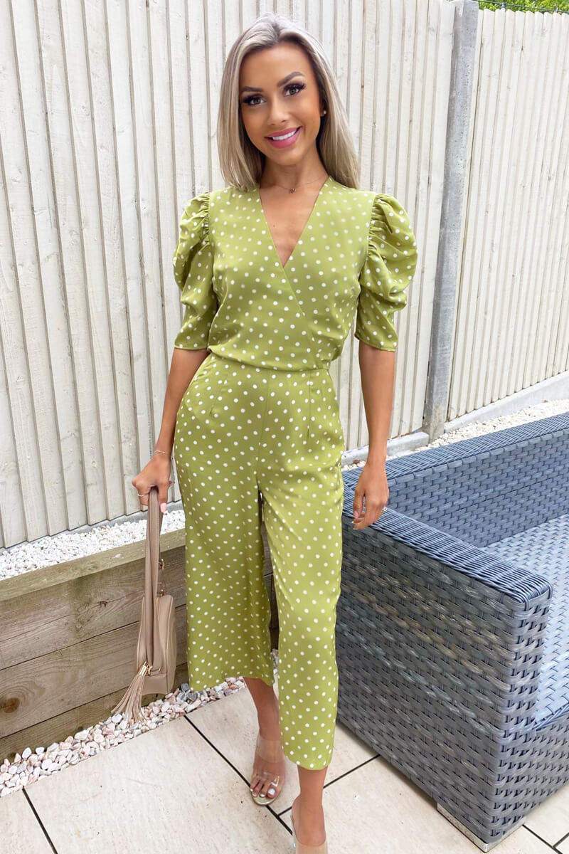 Terri Olive Green Polka Dot Puff Sleeve Jumpsuit